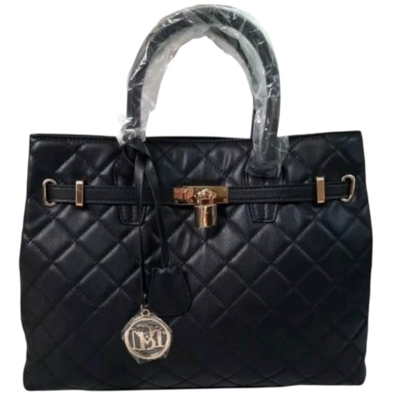 Handbags - Badgley Mischka Big Quilted Black Diamond Pattern Tote Bag With Front Lock